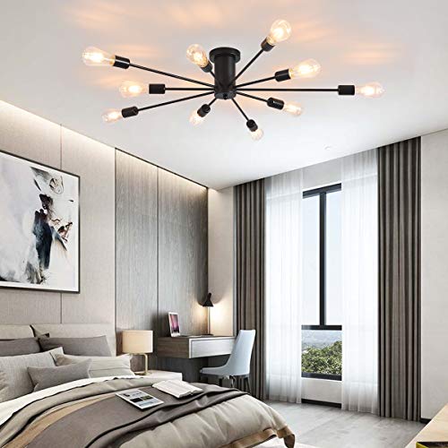 Garwarm Semi Flush Mount Ceiling Light, 10-Light Modern Black Sputnik Chandelier Industrial Ceiling Lamp for Kitchen Dining Room Living Room Bedroom Foyer Lighting Fixture - Image 4