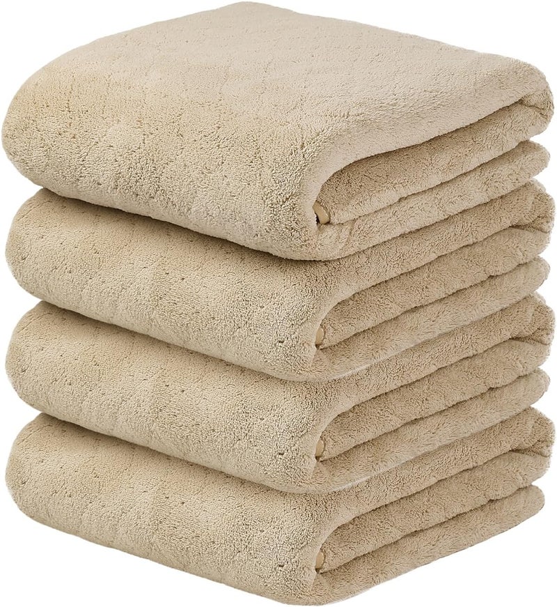 JML Bath Towels, Pack of 4, 30"x60", Large Microfiber Towel Set, Ultra Soft, Super Absorbent, Fast Drying, Perfect for Sauna, Shower, Pool, Sport, Travel, Fitness, SPA,Yoga, Coral Fleece - Camel - Image 1