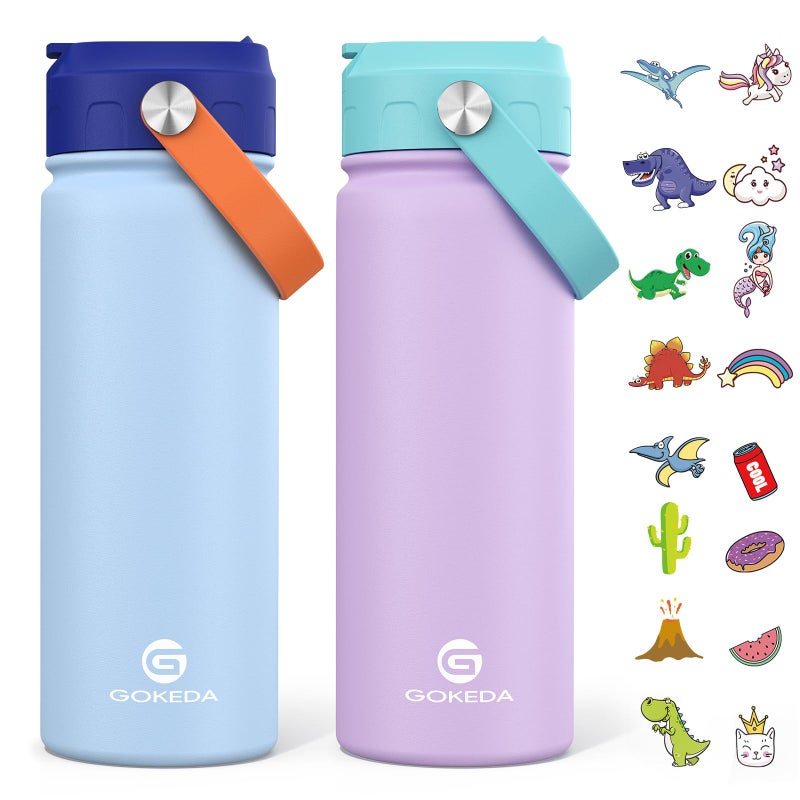 GoKEDA 18oz Kids Water Bottle, 2 Pack Insulated Bottles with Stickers, 18/8 Stainless Steel Vacuum Leak Proof Straw Cup for School, Gifts for Girls(Light Blue, Purple) - Image 1