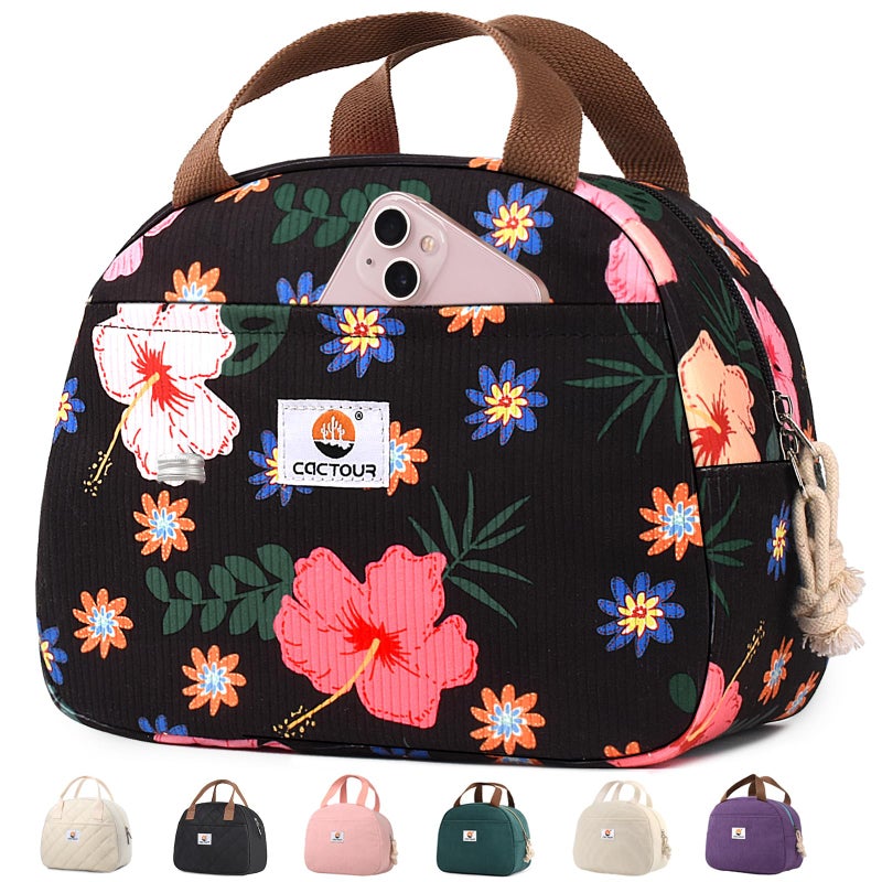 CaCTOUR Lunch Box for Women Girls Teens,Cute Lunch Box Cooler Bag, Portable Insulated Small Lunch Bag Women Reusable Corduroy Lunch Tote for Work/Travel/Picnic/School (Flower) - Image 1