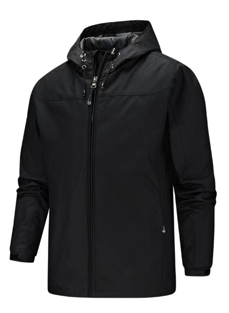 Loquat Men's Solid Color Hooded Zippered Slim Fit Outdoor Jacket Long Sleeve Casual Coat Black 