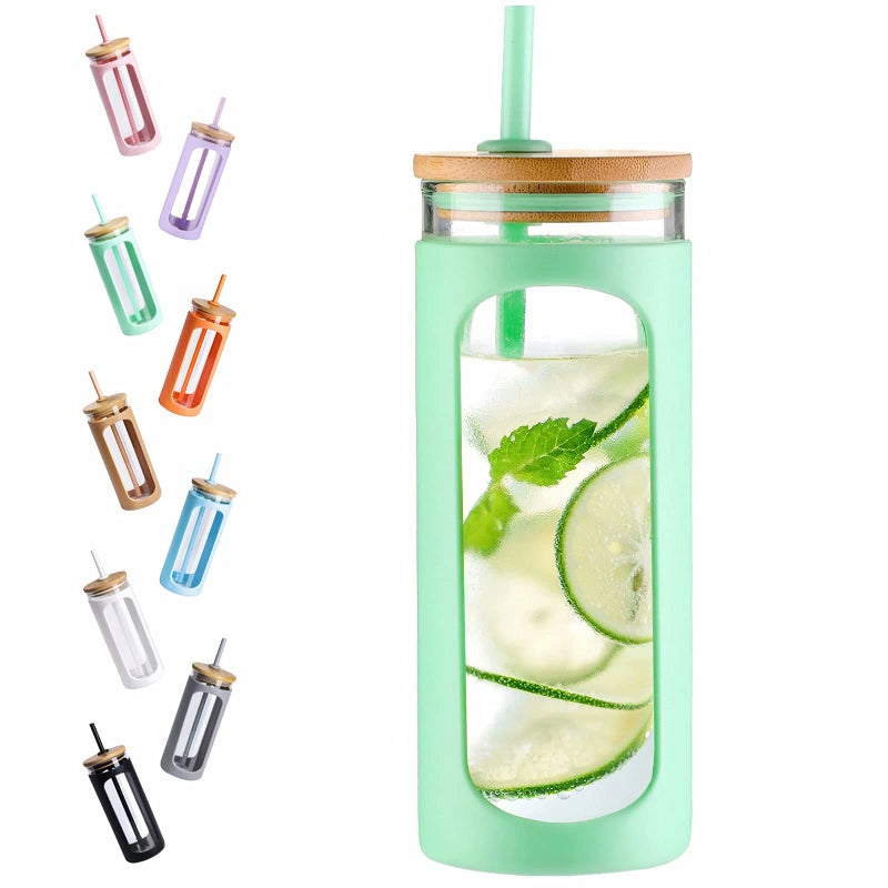 Kodrine 20oz Glass Tumbler with Straw and Lid Iced Coffee Cups with Bamboo Lids Glass Cups for Cold Drinks Smoothie Cup with Silicone Sleeve for Travel Work BPA FREELight Green