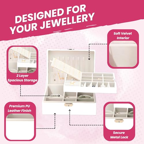 OCEANEVO Jewellery Organiser Box WITH Makeup Sponge, Jwell Organizer Storage Box with Lock, Earrings, Necklace Organizer for Women - 23 x 17 x 8.5 Cm - White - 1 Year Warranty - Image 3