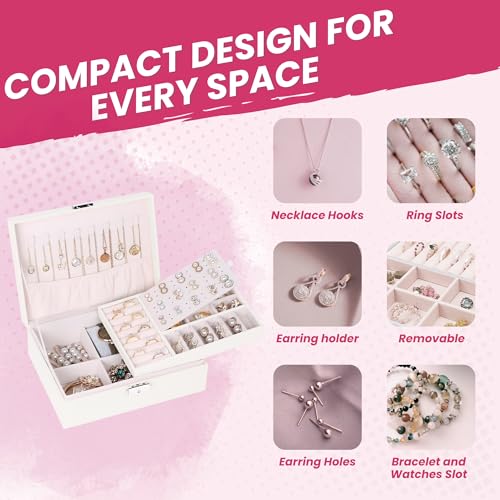 OCEANEVO Jewellery Organiser Box WITH Makeup Sponge, Jwell Organizer Storage Box with Lock, Earrings, Necklace Organizer for Women - 23 x 17 x 8.5 Cm - White - 1 Year Warranty - Image 4