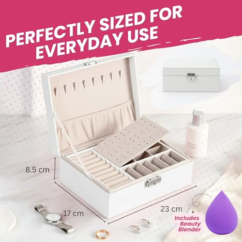 OCEANEVO Jewellery Organiser Box WITH Makeup Sponge, Jwell Organizer Storage Box with Lock, Earrings, Necklace Organizer for Women - 23 x 17 x 8.5 Cm - White - 1 Year Warranty - Image 2