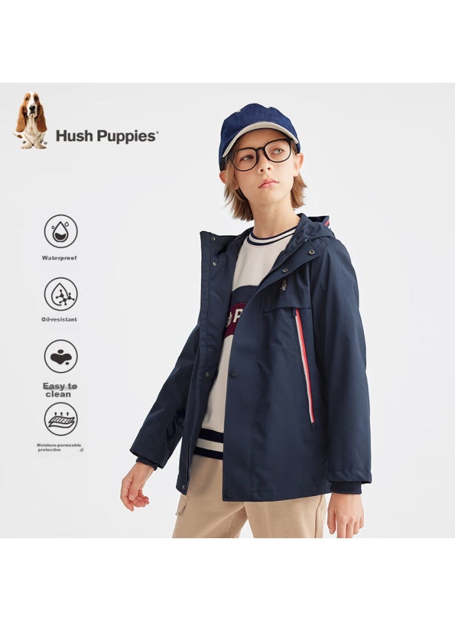 Hush Puppies Hush Puppies Boys' Triple-protection Jacket, Spring 2025 New Children's Outdoor Hooded Windbreaker, Navy Blue, Size 130  - Image 1