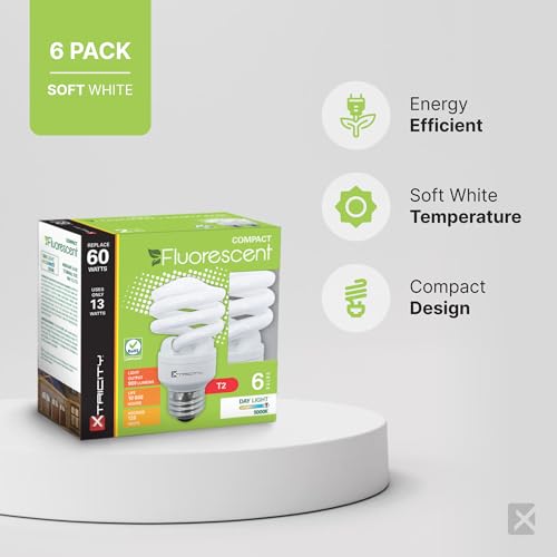 Xtricity Compact Fluorescent Light Bulbs T2 Spiral, E26 Base, 13W (60W Equivalent), 2700k Soft White, 900 Lumens, CFL, 120V - UL Listed, (6 Pack) - Image 2