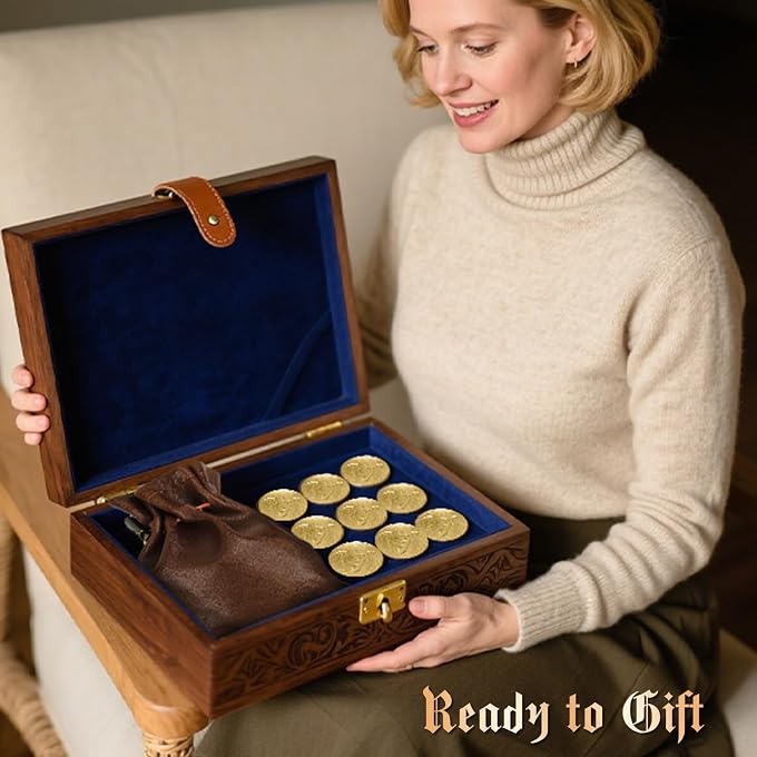 Byhoo 50 PCS Gold Coins & PU Leather Bag, DND Metal Coins, Fantasy Coins Treasure for Board Games, Game Coin As Game Tokens for Dungeons & Dragons, Tabletop TTRPG Games Medieval Retro Accessories Addons - Image 2