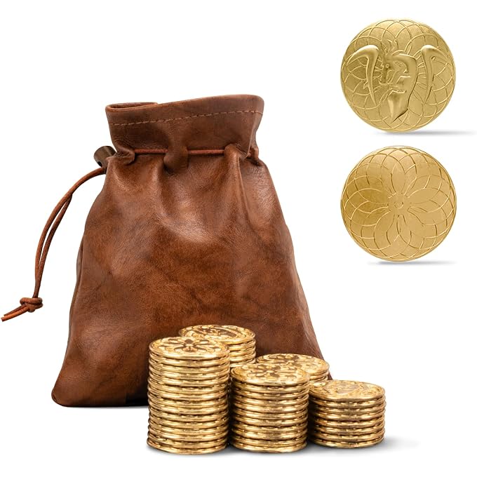 Byhoo 50 PCS Gold Coins & PU Leather Bag, DND Metal Coins, Fantasy Coins Treasure for Board Games, Game Coin As Game Tokens for Dungeons & Dragons, Tabletop TTRPG Games Medieval Retro Accessories Addons - Image 1