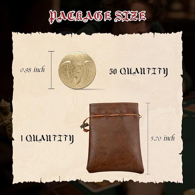 Byhoo 50 PCS Gold Coins & PU Leather Bag, DND Metal Coins, Fantasy Coins Treasure for Board Games, Game Coin As Game Tokens for Dungeons & Dragons, Tabletop TTRPG Games Medieval Retro Accessories Addons - Image 3