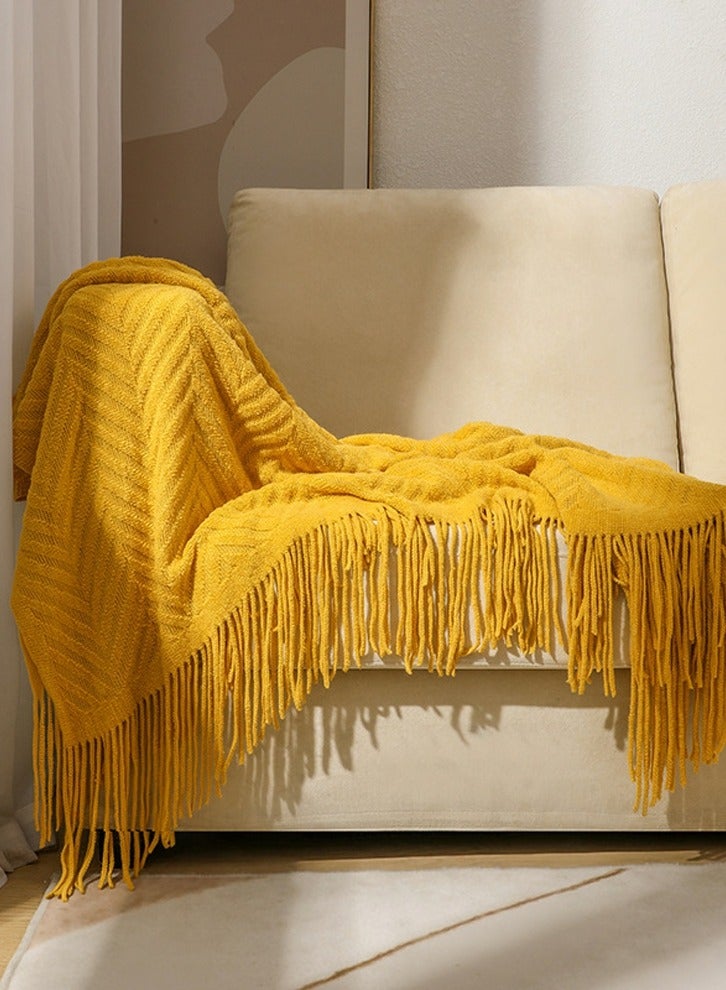 Loquat Tassel Design Knitted Textured Soft Throw Blanket Keep Warm Yellow - Image 2