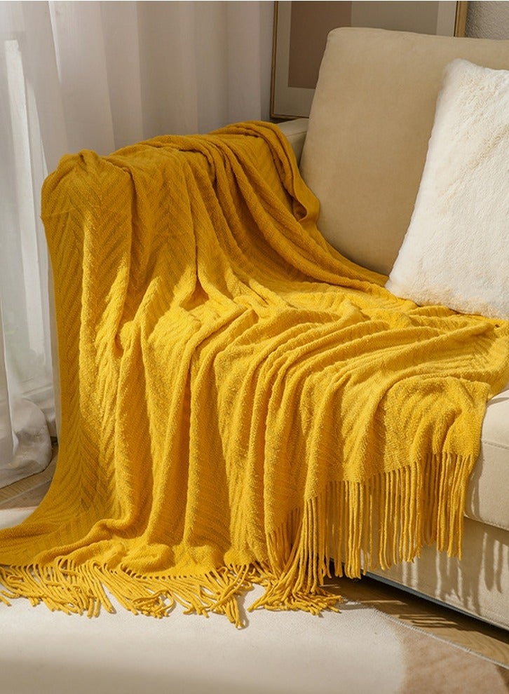 Loquat Tassel Design Knitted Textured Soft Throw Blanket Keep Warm Yellow - Image 1