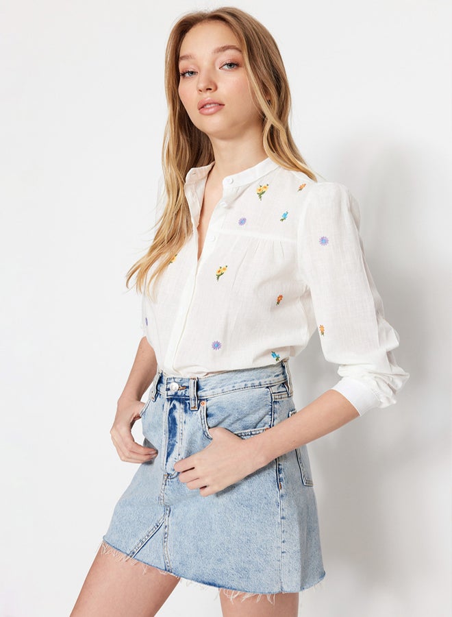 trendyol Ecru Embroidery Detailed Regular Fit Woven Shirt TWOSS23GO00152 - Image 5