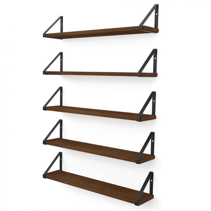 Wallniture Ponza Floating Shelves for Wall 24 Floating Bookshelf Wood Wall Shelves for Bedroom Decor Walnut Set of 5