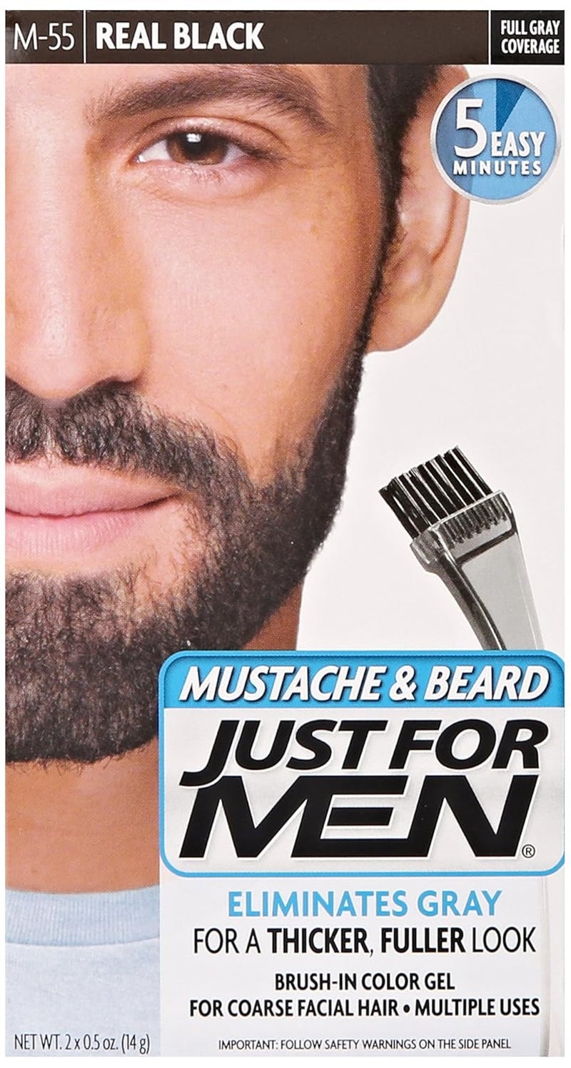 Just For Men Just For Men Mustache & Beard, Beard Dye for Men with Brush Included for Easy Application, With Biotin Aloe and Coconut Oil for Healthy Facial Hair - Real Black, M-55, Pack of 1 (Packaging May Vary) 