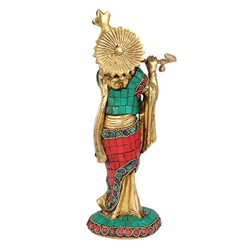 Kartique Brass Krishna Idol – 10 Inches Height, Vibrant Stone Decoration, Elegant Brass Finish, Ideal for Home Décor - Image 4