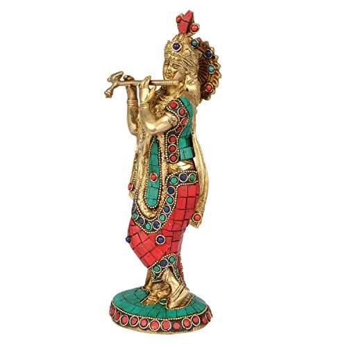 Kartique Brass Krishna Idol – 10 Inches Height, Vibrant Stone Decoration, Elegant Brass Finish, Ideal for Home Décor - Image 3