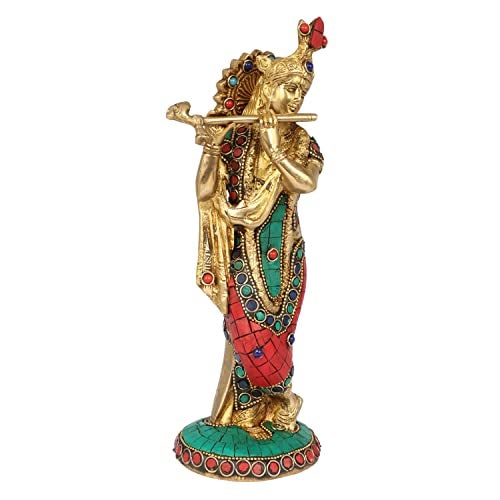 Kartique Brass Krishna Idol – 10 Inches Height, Vibrant Stone Decoration, Elegant Brass Finish, Ideal for Home Décor - Image 2