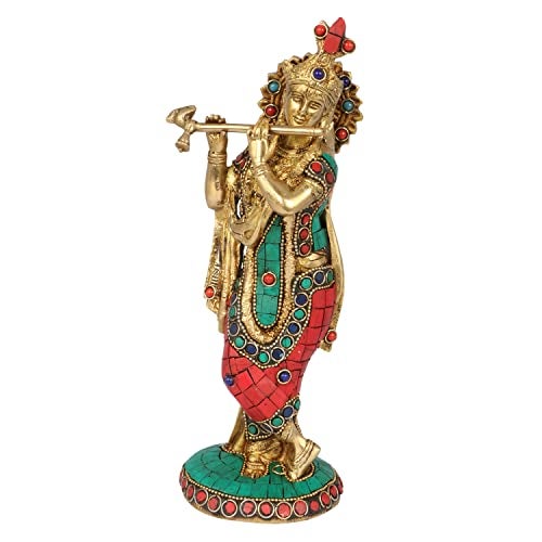 Kartique Brass Krishna Idol – 10 Inches Height, Vibrant Stone Decoration, Elegant Brass Finish, Ideal for Home Décor - Image 1