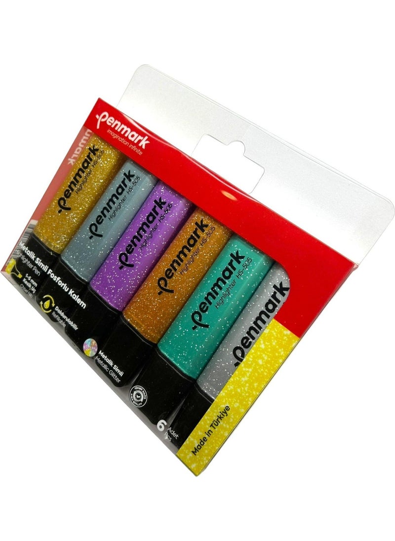 PENMARK - Highlighter Pen 6 Acetate Mixed Color Glitter 8683181701793 HS-505-6S 709694 - Image 1