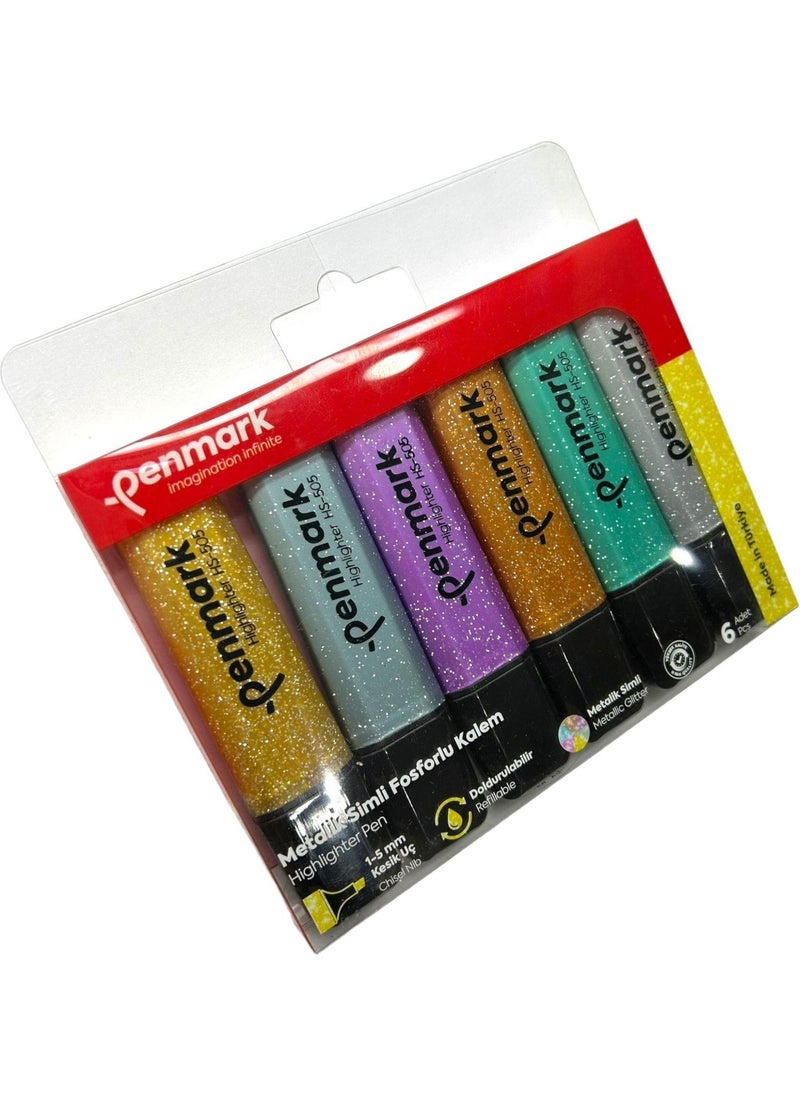 PENMARK - Highlighter Pen 6 Acetate Mixed Color Glitter 8683181701793 HS-505-6S 709694 - Image 1