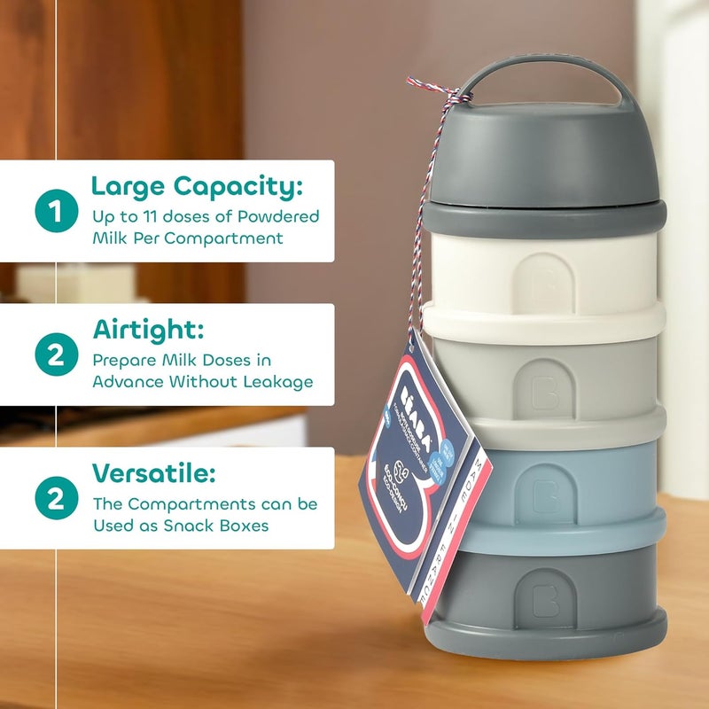 Baba حاوية بيبا متعددة الوظائف لتخزين الحليب - حاوية محكمة الإغلاق لتخزين مسحوق الحليب وطعام الأطفال، 4 أقسام قابلة للتبديل، آمنة للاستخدام في الميكروويف، مناسبة للسفر، زرقاء ورمادية معدنية - Image 4