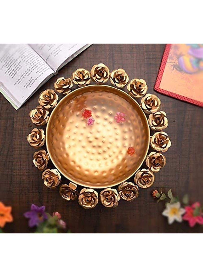 JR Handicrafts World وعاء أورلي دائري مزخرف بحواف مزينة بالزهور (مجموعة من قطعة واحدة) - وعاء جميل مصنوع يدويًا للزهور العائمة وشموع الشاي - ديكور منزلي ومكتبي وطاولة - هدية مميزة لعيد ديوالي، ذهبي اللون - Image 1