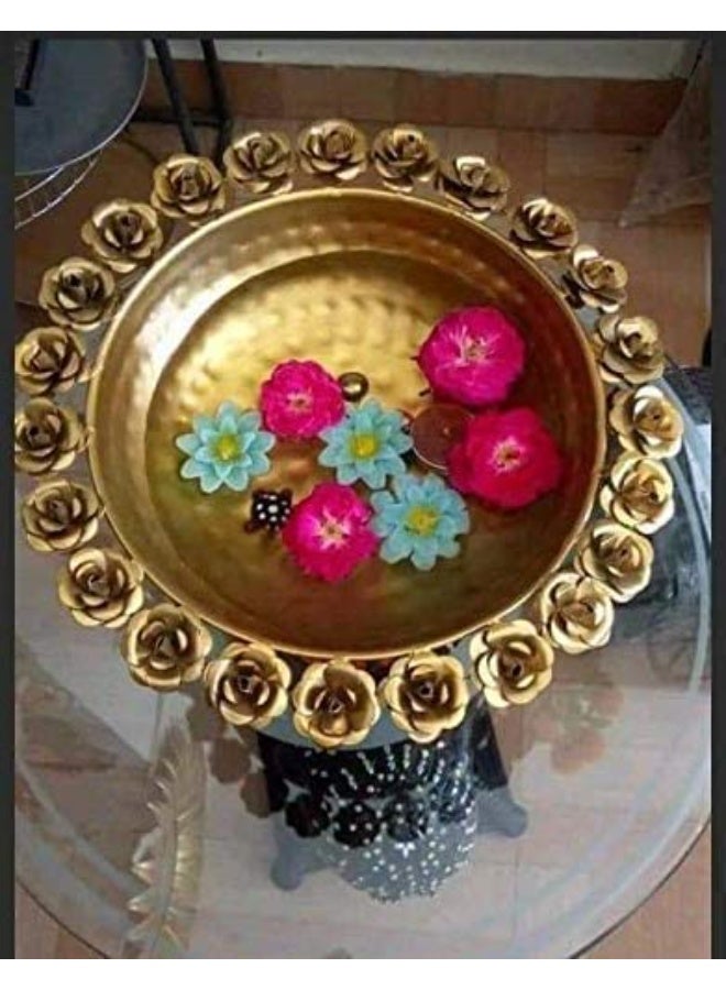 JR Handicrafts World وعاء أورلي دائري مزخرف بحواف مزينة بالزهور (مجموعة من قطعة واحدة) - وعاء جميل مصنوع يدويًا للزهور العائمة وشموع الشاي - ديكور منزلي ومكتبي وطاولة - هدية مميزة لعيد ديوالي، ذهبي اللون - Image 3