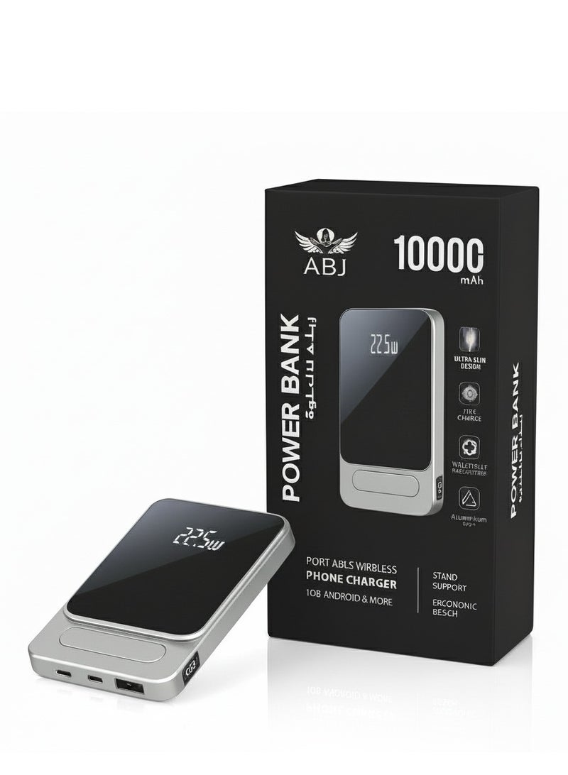 أيه بي جي بنك طاقة لاسلكي (2 في 1) بسعة 10000 مللي أمبير، شحن سريع بقدرة 22.5 واط، مزود بشاشة رقمية وحامل مدمج - متوافق مع الشحن السلكي واللاسلكي لأجهزة iPhone وSamsung وHuawei وXiaomi وOppo وVivo وXiaomi - Image 1