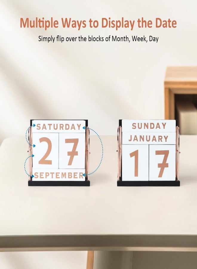DEERINE Wooden Perpetual Block Calendar for Desk, Rose Gold Daily Desktop Desk Calendar, Modern Farmhouse Aesthetic Desk Accessories for Home Office Decor, Teacher, Classroom, Reusable Yearly - Image 3