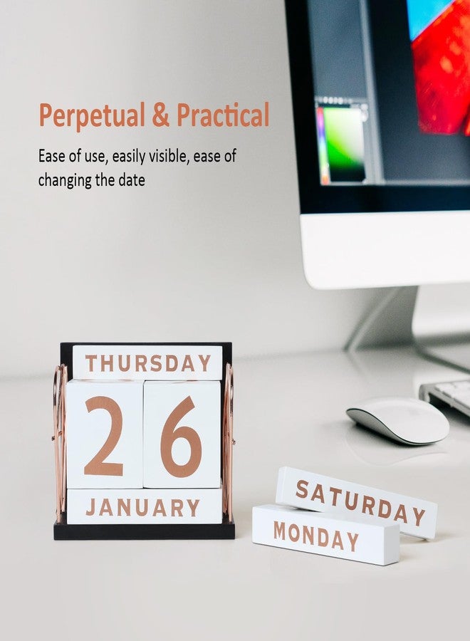 DEERINE Wooden Perpetual Block Calendar for Desk, Rose Gold Daily Desktop Desk Calendar, Modern Farmhouse Aesthetic Desk Accessories for Home Office Decor, Teacher, Classroom, Reusable Yearly - Image 5