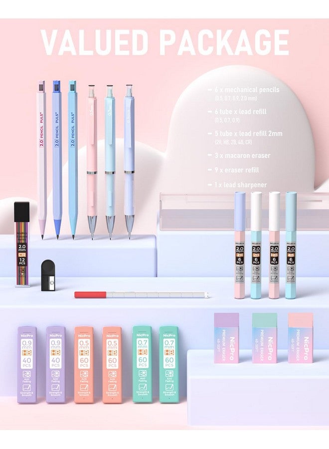 Nicpro 22Pcs Pastel Mechanical Pencils Set In Case Art Cute Drafting Pencil 0.5 0.7 0.9 Mm 2Mm Lead Pencil Holders For Sketching Drawing With 11 Tube (4B 2B Hb 2H Colors) Lead Refills 3 Erasers - Image 2