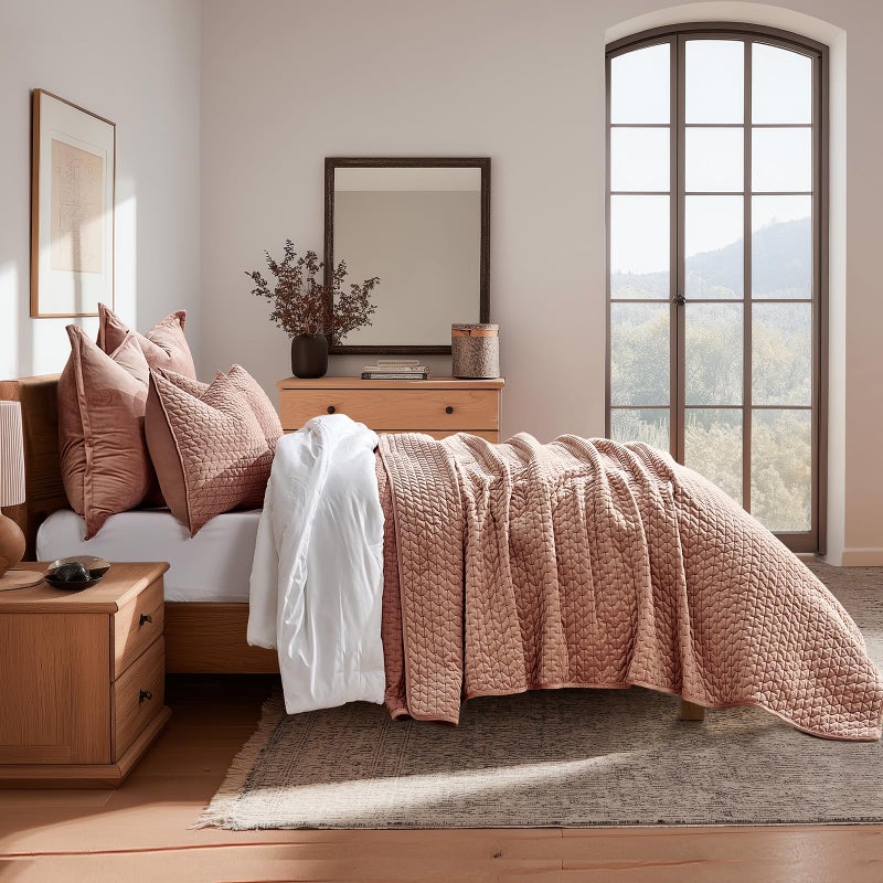 EverGrace Luxury Velvet Quilt Set Queen Size 3 Piece, Soft Cross-Stitch Velvet Comforter Set with Pillow Shams, Lightweight Coverlet Bedspread Bedding Set for All Seasons, Terracotta Clay - Image 2