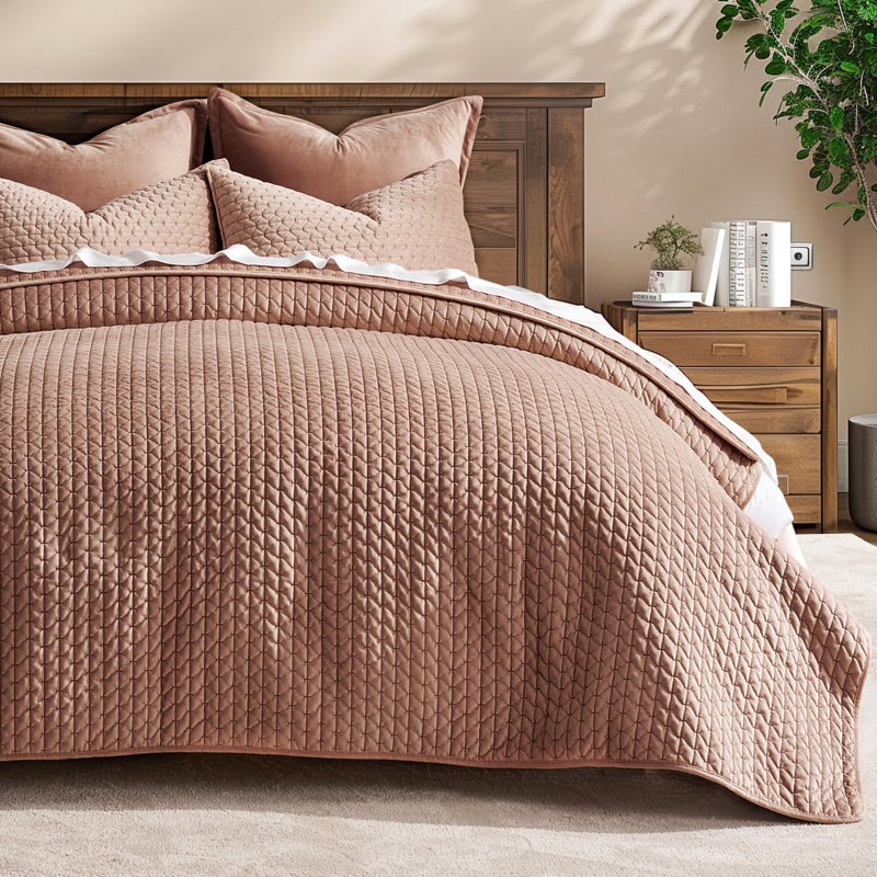 EverGrace Luxury Velvet Quilt Set Queen Size 3 Piece, Soft Cross-Stitch Velvet Comforter Set with Pillow Shams, Lightweight Coverlet Bedspread Bedding Set for All Seasons, Terracotta Clay - Image 1