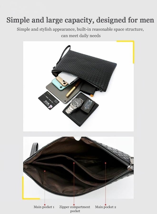 Men's Classic Woven Clutch Bag with Wrist Strap, Large Capacity Zipper Wallet for Business & Casual Use, Black - Image 4