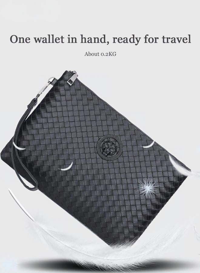 Men's Classic Woven Clutch Bag with Wrist Strap, Large Capacity Zipper Wallet for Business & Casual Use, Black - Image 3