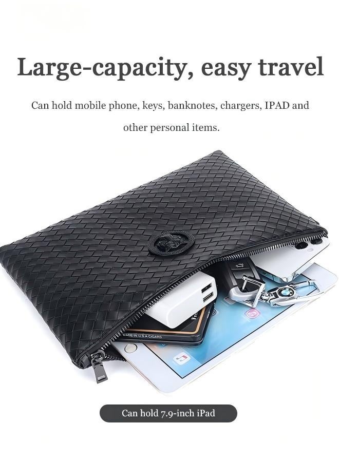 Men's Classic Woven Clutch Bag with Wrist Strap, Large Capacity Zipper Wallet for Business & Casual Use, Black - Image 5