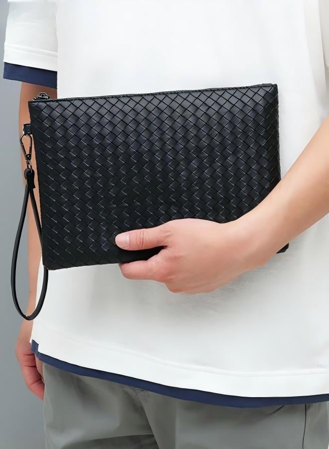 Men's Classic Woven Clutch Bag with Wrist Strap, Large Capacity Zipper Wallet for Business & Casual Use, Black - Image 1