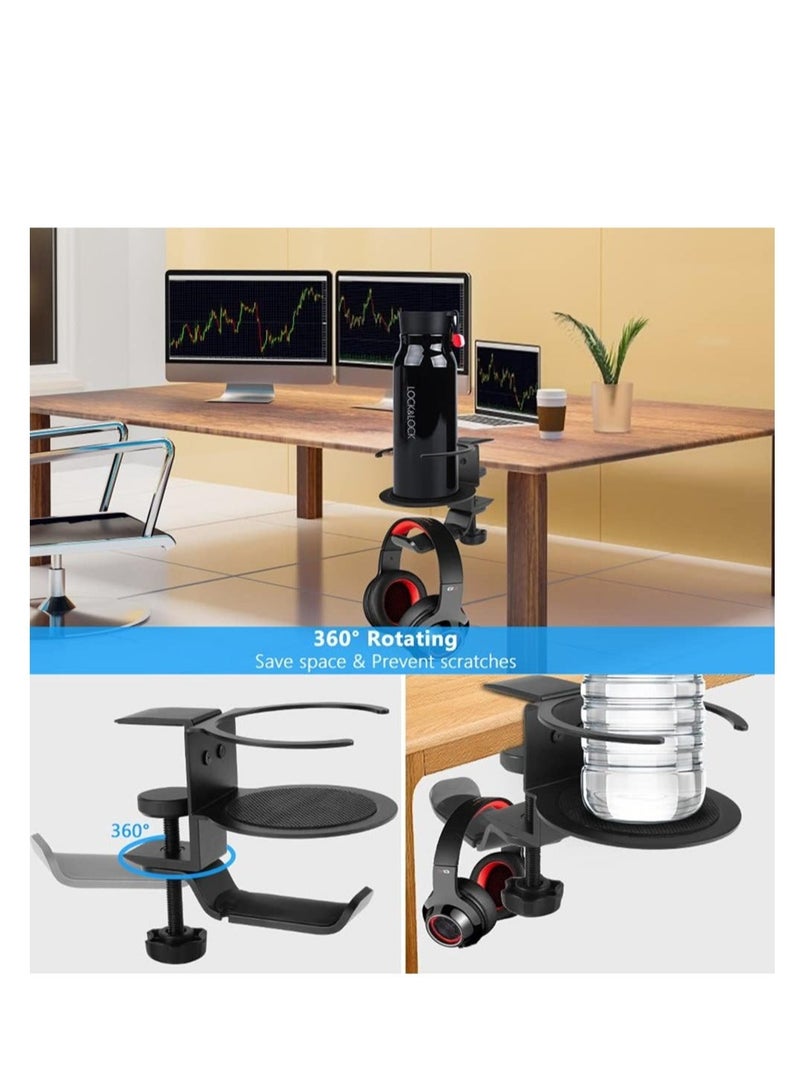 Captaintech 360° Rotation Headphone Hanger, Aluminum PC Gaming Headset Stand Under Desk Cup Holder, Headphone Hook with Cable Organizer Universal Fit Headphone Clamp Hook, Black - Image 2