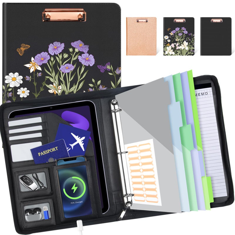 KLLVE Leather Padfolio Portfolio with Clipboard Storage, Removable 3 Ring Binder 1 Inch Zipper Binder, Document Organizer for Women Men with Notepad, 5 Pocket Dividers, Pen Holder, Card Slot, Black - Image 1