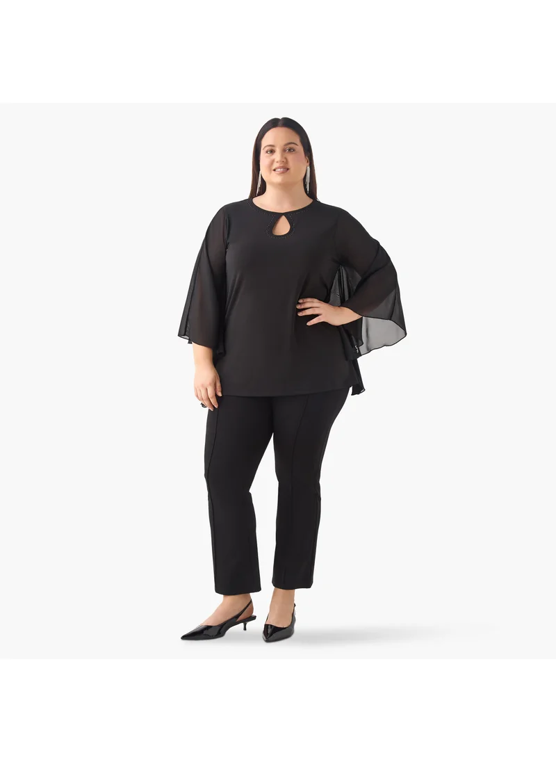 Ulla Popken Plus Size Ulla Popken Embellished Keyhole Neck Top with Cape Sleeves