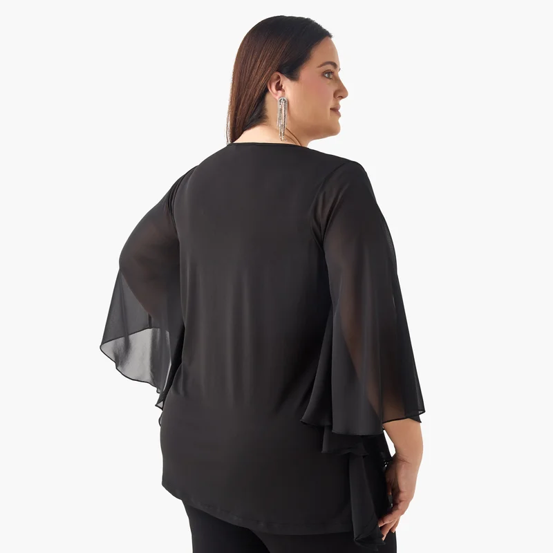 Ulla Popken Plus Size Ulla Popken Embellished Keyhole Neck Top with Cape Sleeves