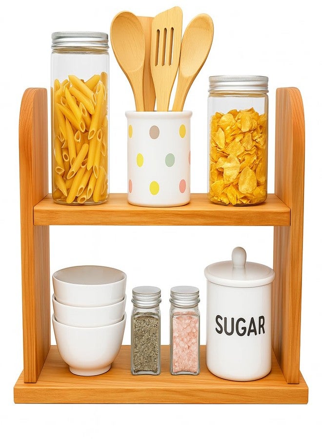 AB SALES 2-Tier Spice Rack Organizer – Solid Wood, Reddish Orange, Floating Shelf for Kitchen Countertops (40x30x14cm) – Durable, Non-Slip, Easy Assembly - Image 1