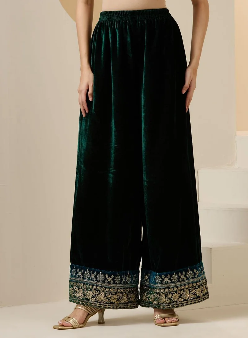 ISHIN Women's Green Velvet Printed Tunic Full Length Palazzo Regular Fit Kurta Set