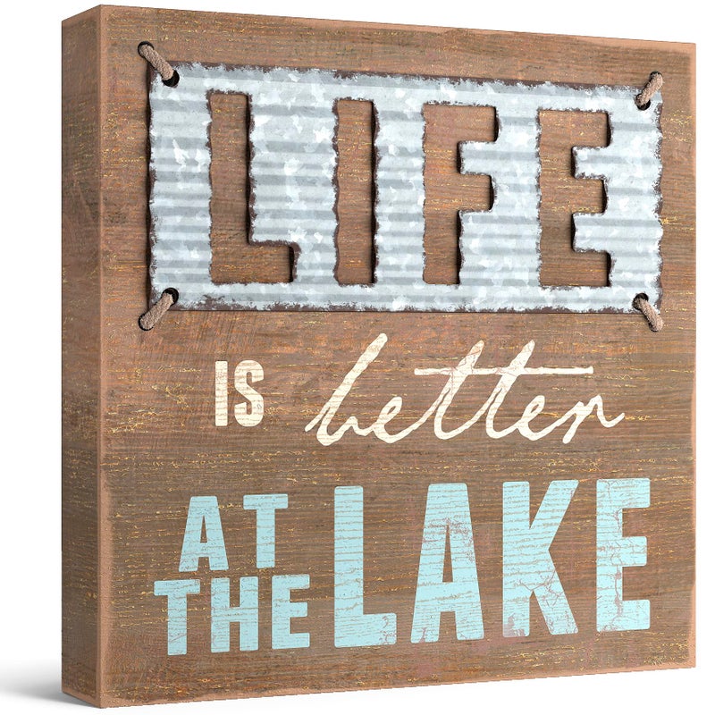 Barnyard Designs Life Is Better At the Lake Wooden Box Sign Motivational Desk Decor Primitive Inspirational Office Desk Decorations for Women Office or Bathroom Shelf 5x5