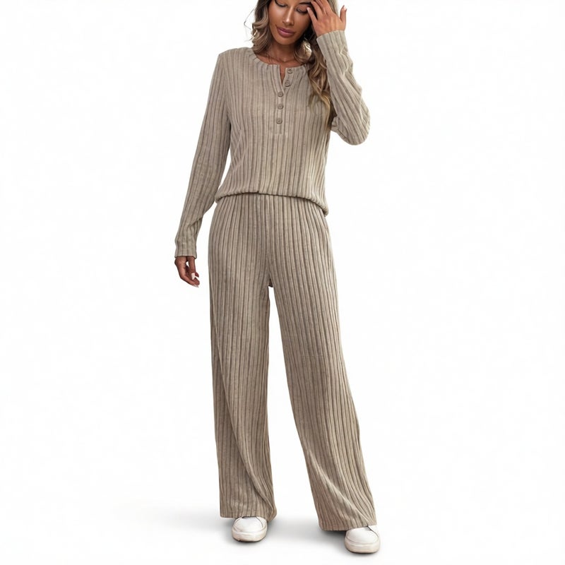 Women's Casual Knit Straight Leg Pants Button Detail Lounge Set