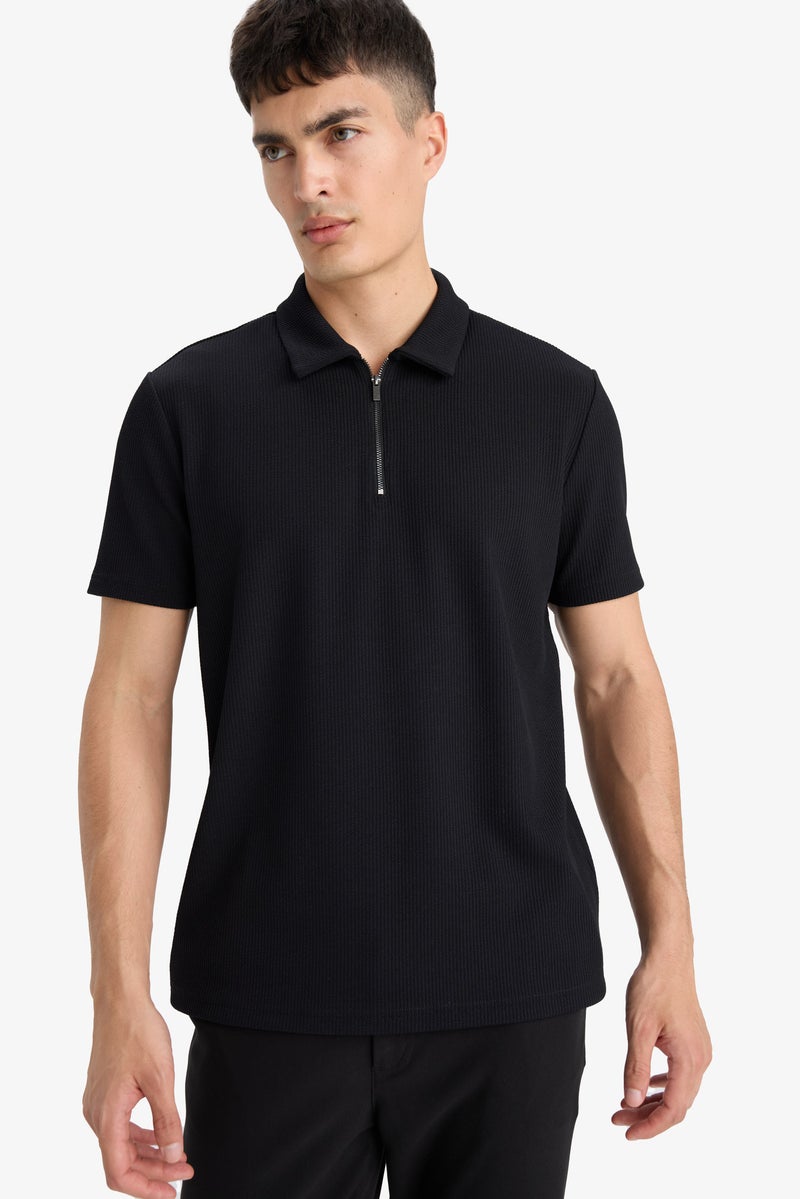 DeFacto Black Man Regular Fit Half Zip Pleated Polo T-Shirt Casual - Image 3