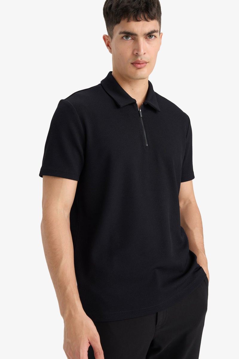 DeFacto Black Man Regular Fit Half Zip Pleated Polo T-Shirt Casual - Image 1