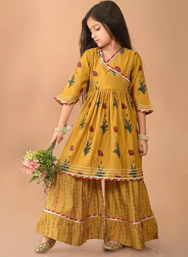 LILPICKS Yellow Kurta Set Straight Fit made from Cotton featuring Self Design design and Round Neck neckline - Perfect for Festive!