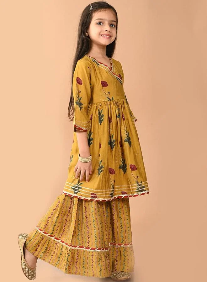 LILPICKS Yellow Kurta Set Straight Fit made from Cotton featuring Self Design design and Round Neck neckline - Perfect for Festive!
